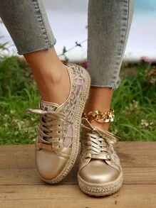 Women Lace Up Sequin Decor Espadrille Flat Oxfords, Vacation Outdoor Metallic Mesh Flat Shoes - Multicolor - View 2