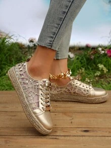 Women Lace Up Sequin Decor Espadrille Flat Oxfords, Vacation Outdoor Metallic Mesh Flat Shoes - Multicolor - View 4