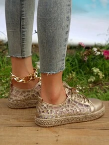 Women Lace Up Sequin Decor Espadrille Flat Oxfords, Vacation Outdoor Metallic Mesh Flat Shoes - Multicolor - View 5