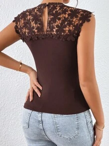 SHEIN Clasi Áo khoác và áo lót dành cho xe tăng nữ Nút Tương phản ren màu trơn Giải trí - Màu nâu Sô-cô-la - Xem 2