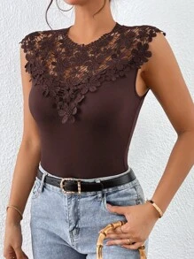 SHEIN Clasi Áo khoác và áo lót dành cho xe tăng nữ Nút Tương phản ren màu trơn Giải trí - Màu nâu Sô-cô-la - Xem 5