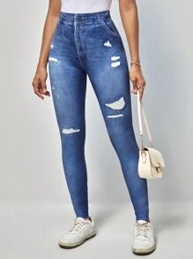 SHEIN LUNE 高腰牛仔效果印花緊身打底褲 - 藍色 - 查看 1