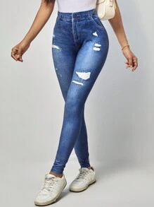 SHEIN LUNE 高腰牛仔效果印花緊身打底褲 - 藍色 - 查看 4