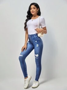 SHEIN LUNE 高腰牛仔效果印花緊身打底褲 - 藍色 - 查看 5