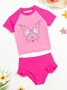 Conjunto de 2 piezas para niñas jóvenes con top de manga corta y pantalón corto estampado con mariposas para protección solar de verano en la playa - Rosa - Ver 1
