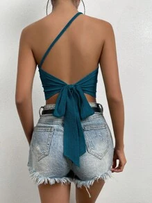 SHEIN Privé 單肩後背繫帶短款上衣 - 水鴨藍 - 查看 1