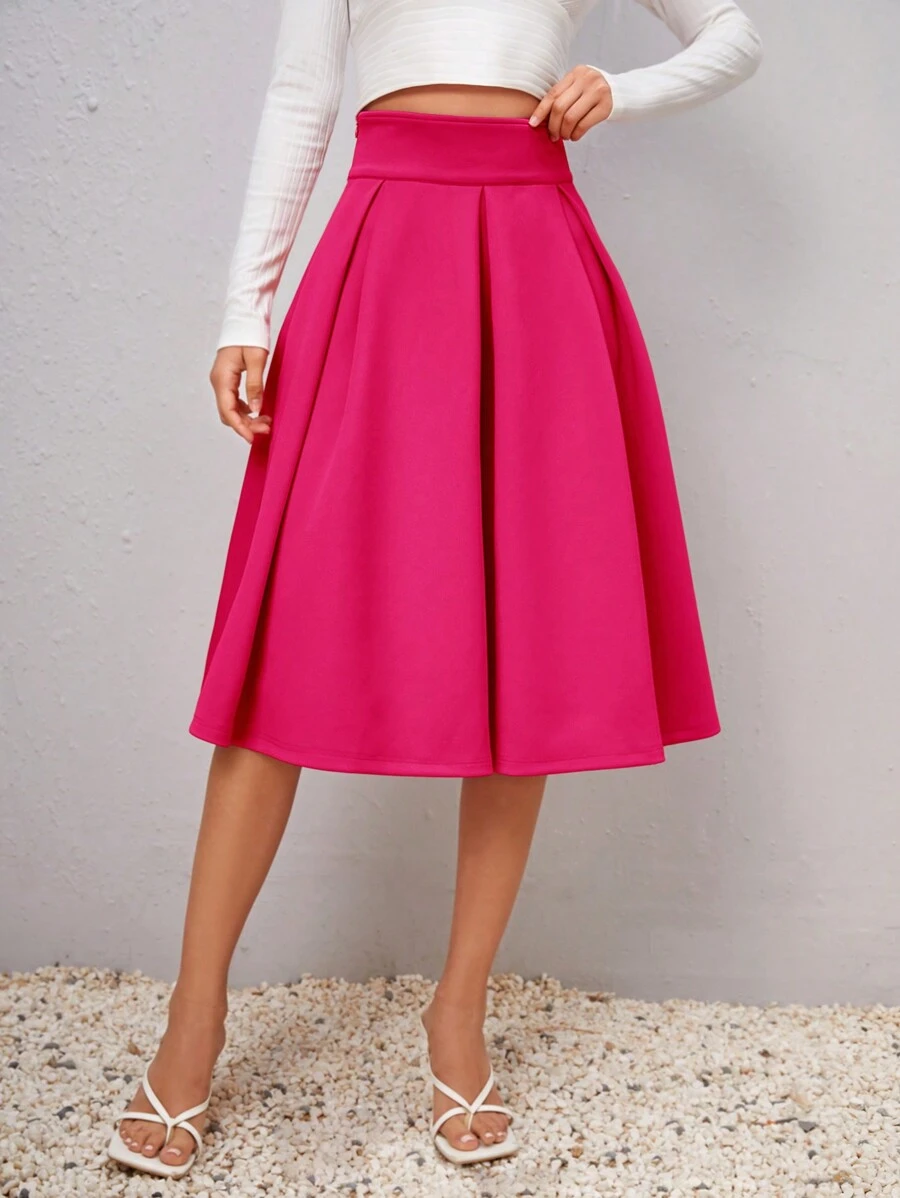 Firerie Solid High Waist Fold Pleated Detail Flare Skirt