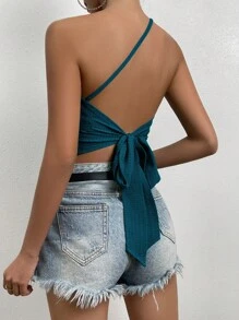 SHEIN Privé 單肩後背繫帶短款上衣 - 水鴨藍 - 查看 5