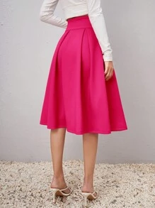 Firerie Solid High Waist Fold Pleated Detail Flare Skirt