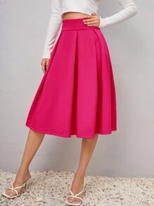 Firerie Solid High Waist Fold Pleated Detail Flare Skirt