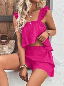 SHEIN VCAY 素色荷葉邊上衣和短褲 - 玫紅色 - 查看 1