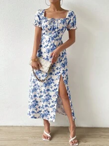 Chiquease Floral Print Knot Front Split Thigh Dress Maxi Women Outfit