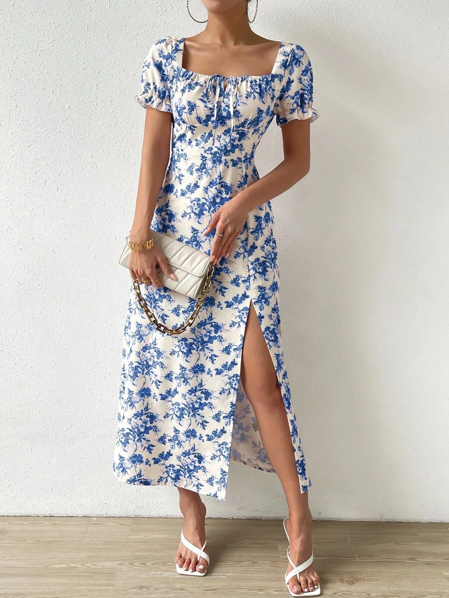 Chiquease Floral Print Knot Front Split Thigh Dress Maxi Women Outfit