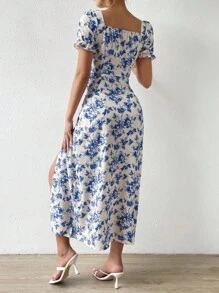 Chiquease Floral Print Knot Front Split Thigh Dress Maxi Women Outfit