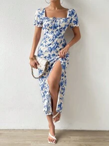 Chiquease Floral Print Knot Front Split Thigh Dress Maxi Women Outfit