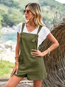 SHEIN LUNE 素色雙口袋背帶連體短褲不帶T恤 - 軍綠色 - 查看 4