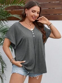 SHEIN LUNE Plus Solid Batwing Sleeve Tee - Dark Grey - View 3