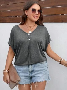 SHEIN LUNE Plus Solid Batwing Sleeve Tee - Dark Grey - View 5