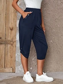 SHEIN LUNE Solid Button Detail Roll Up Hem Capri Trousers - Navy Blue - View 5
