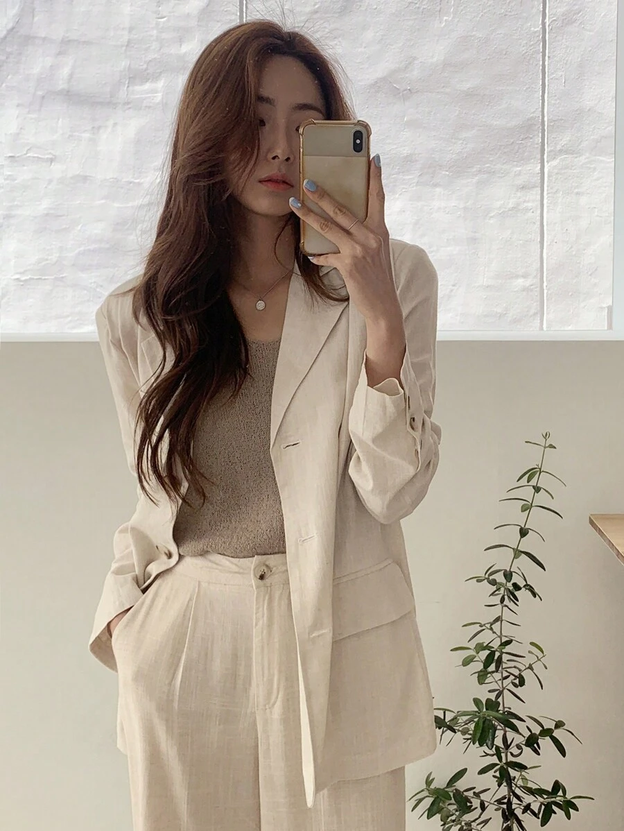 DAZY Áo blazer cổ ve lật, cài khuy đơn, trang phục công sở. - Màu be - Xem 1