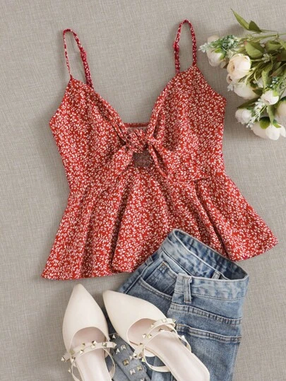 Soleia Ditsy Floral Self-Tie Cami Peplum Top