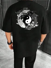 Manfinity VCAY 宽松男士棉质阴阳印花落肩 T 恤 - 黑色 - 查看 2