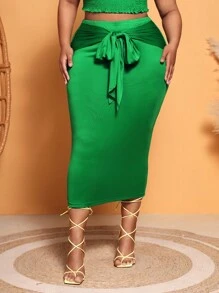 SHEIN SXY Váy Plus Size Thắt nơ trước màu trơn Thanh lịch - màu xanh lá - Xem 1