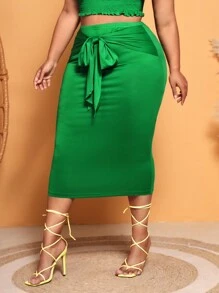 SHEIN SXY Váy Plus Size Thắt nơ trước màu trơn Thanh lịch - màu xanh lá - Xem 4