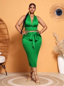 SHEIN SXY Váy Plus Size Thắt nơ trước màu trơn Thanh lịch - màu xanh lá - Xem 6