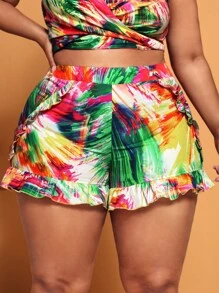Slaydiva Plus Brush Print Ruffle Hem Shorts - Multicolor - View 1