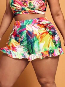Slaydiva Plus Brush Print Ruffle Hem Shorts - Multicolor - View 3