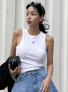 DAZY 愛心刺繡背心上衣 - 白色 - 查看 1