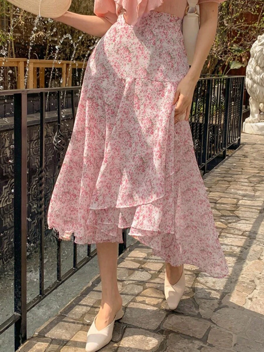 DAZY 碎花荷葉邊圍裹下擺半身裙 - 粉色 - 查看 1