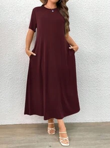 SHEIN LUNE Đầm Plus Size Túi màu trơn Giải trí - Gỗ đỏ - Xem 1