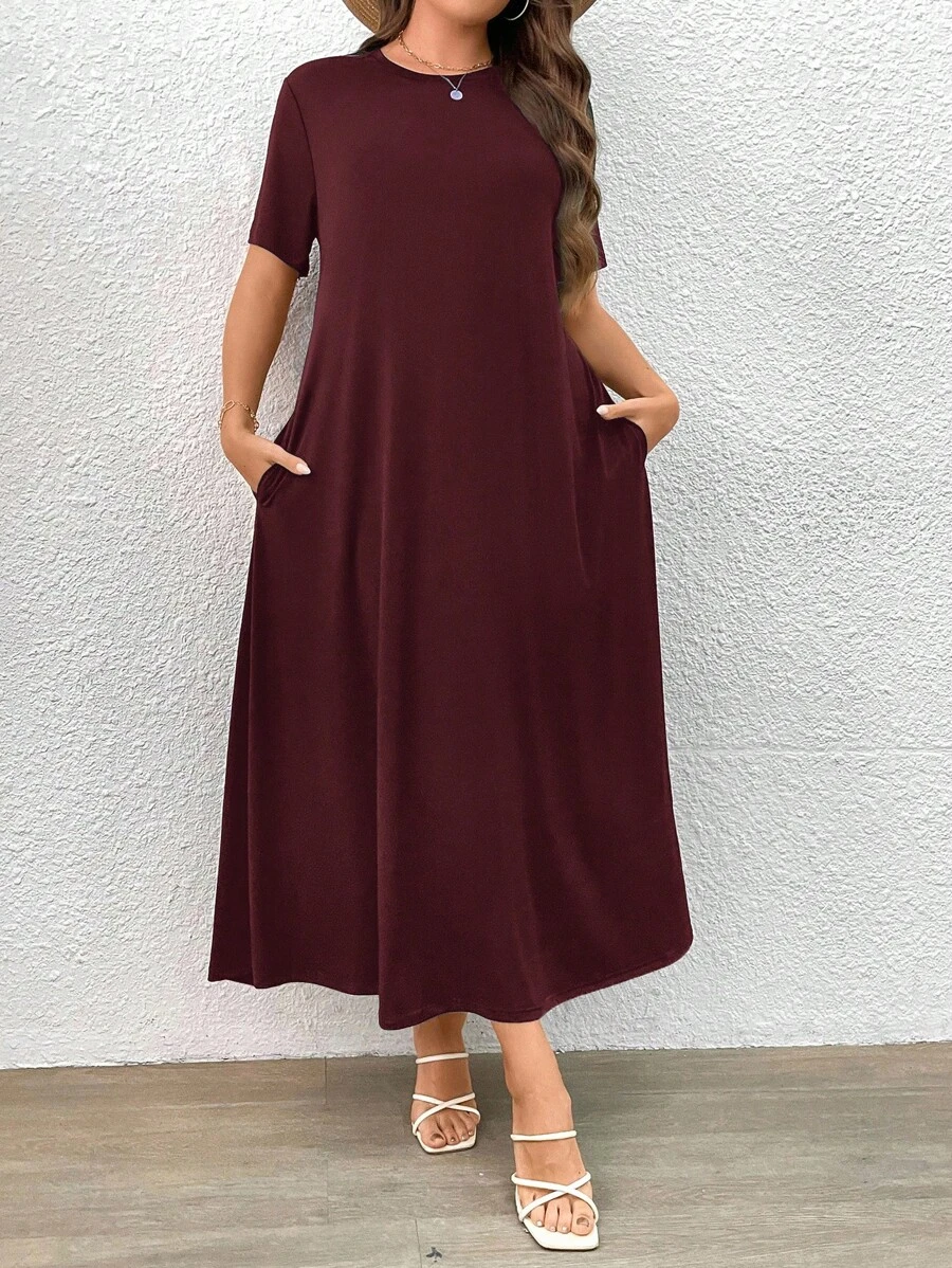 SHEIN LUNE Đầm Plus Size Túi màu trơn Giải trí - Gỗ đỏ - Xem 1