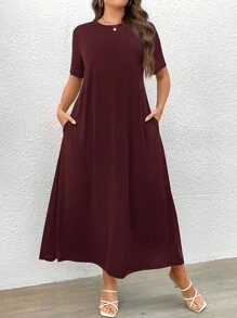 SHEIN LUNE Đầm Plus Size Túi màu trơn Giải trí - Gỗ đỏ - Xem 3