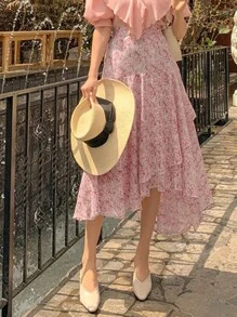 DAZY 碎花荷葉邊圍裹下擺半身裙 - 粉色 - 查看 5