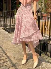 DAZY 碎花荷葉邊圍裹下擺半身裙 - 粉色 - 查看 6