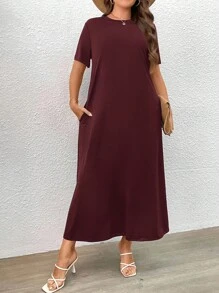 SHEIN LUNE Đầm Plus Size Túi màu trơn Giải trí - Gỗ đỏ - Xem 5
