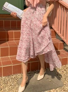 DAZY 碎花荷葉邊圍裹下擺半身裙 - 粉色 - 查看 7