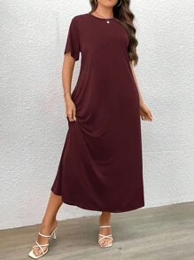 SHEIN LUNE Đầm Plus Size Túi màu trơn Giải trí - Gỗ đỏ - Xem 6