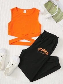 SHEIN 女孩十字交叉背心上衣&字母圖案衛褲 - 彩色 - 查看 1