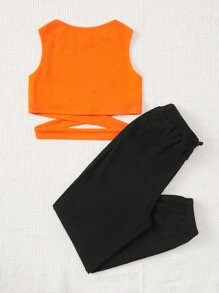 SHEIN 女孩十字交叉背心上衣&字母圖案衛褲 - 彩色 - 查看 2