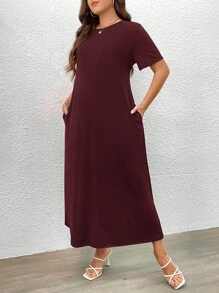 SHEIN LUNE Đầm Plus Size Túi màu trơn Giải trí - Gỗ đỏ - Xem 7