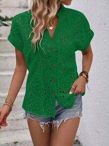 SHEIN LUNE Áo sơ mi nữ Tranh thêu màu trơn Giải trí - màu xanh lá - Xem 3