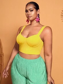 Slaydiva 大碼素色短款寬肩帶上衣 - 黃色 - 查看 5