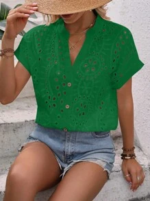 SHEIN LUNE Áo sơ mi nữ Tranh thêu màu trơn Giải trí - màu xanh lá - Xem 5