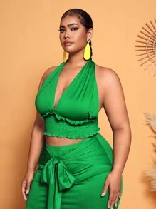 Slaydiva 大碼深V領露背繞頸短上衣 - 綠色 - 查看 6