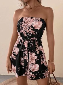 Breezaya Floral Print Belted Tube Romper - Multicolor - View 6