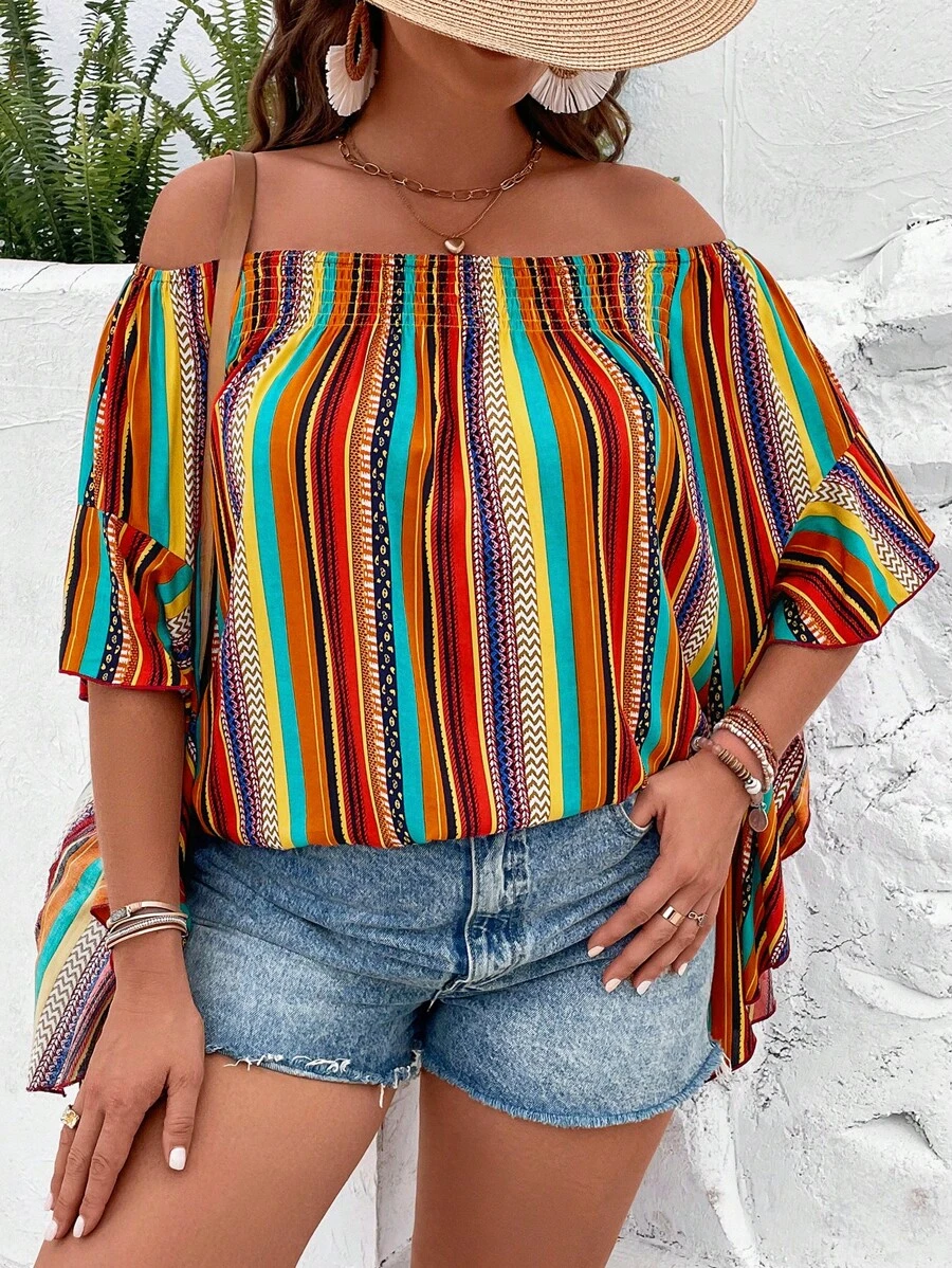 SHEIN VCAY Áo sơ mi Plus Size Xù Hình học Sọc Boho - Nhiều màu - Xem 1